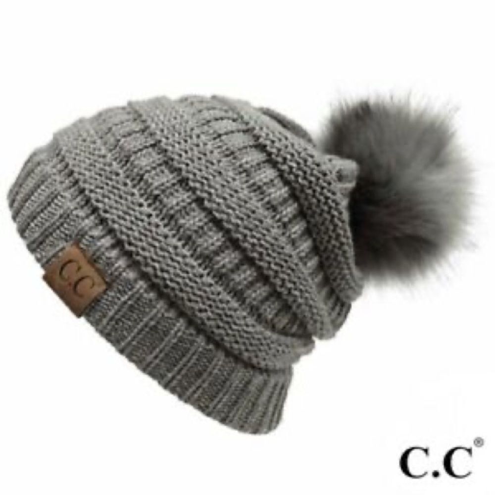C.C Dark Gray Winter Trendy Pom Pom Beanie Hat